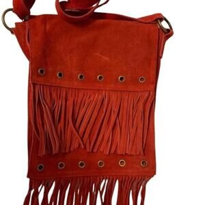 Red suede leather double fringed‎ hobo shoulder bag. More red than orange.